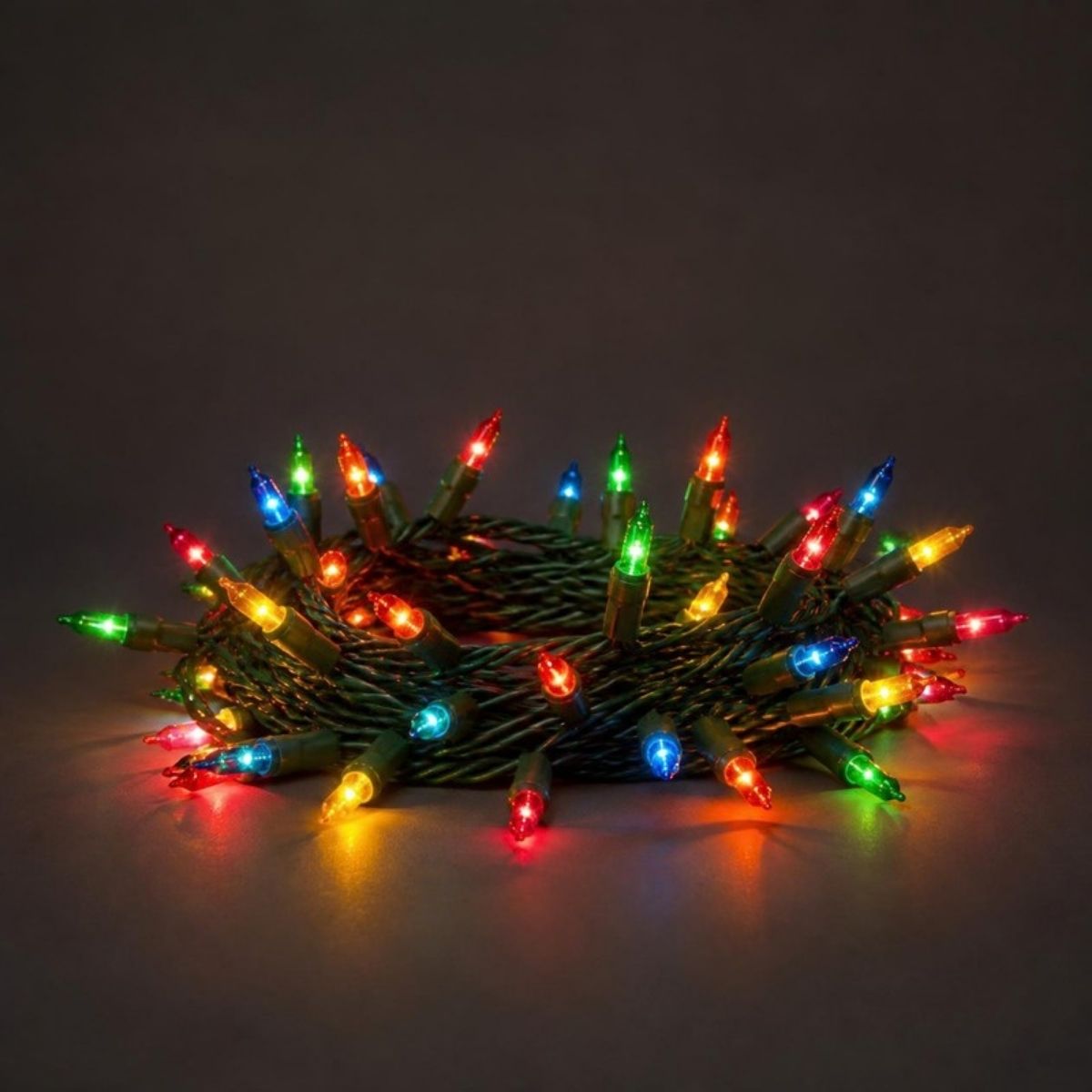 Coil of glowing multicolor mini Christmas lights on green wire