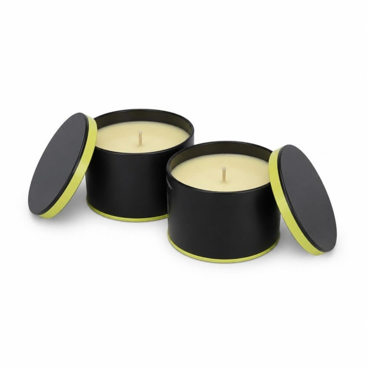Two black tins of citronella candle with lime green trim and lids