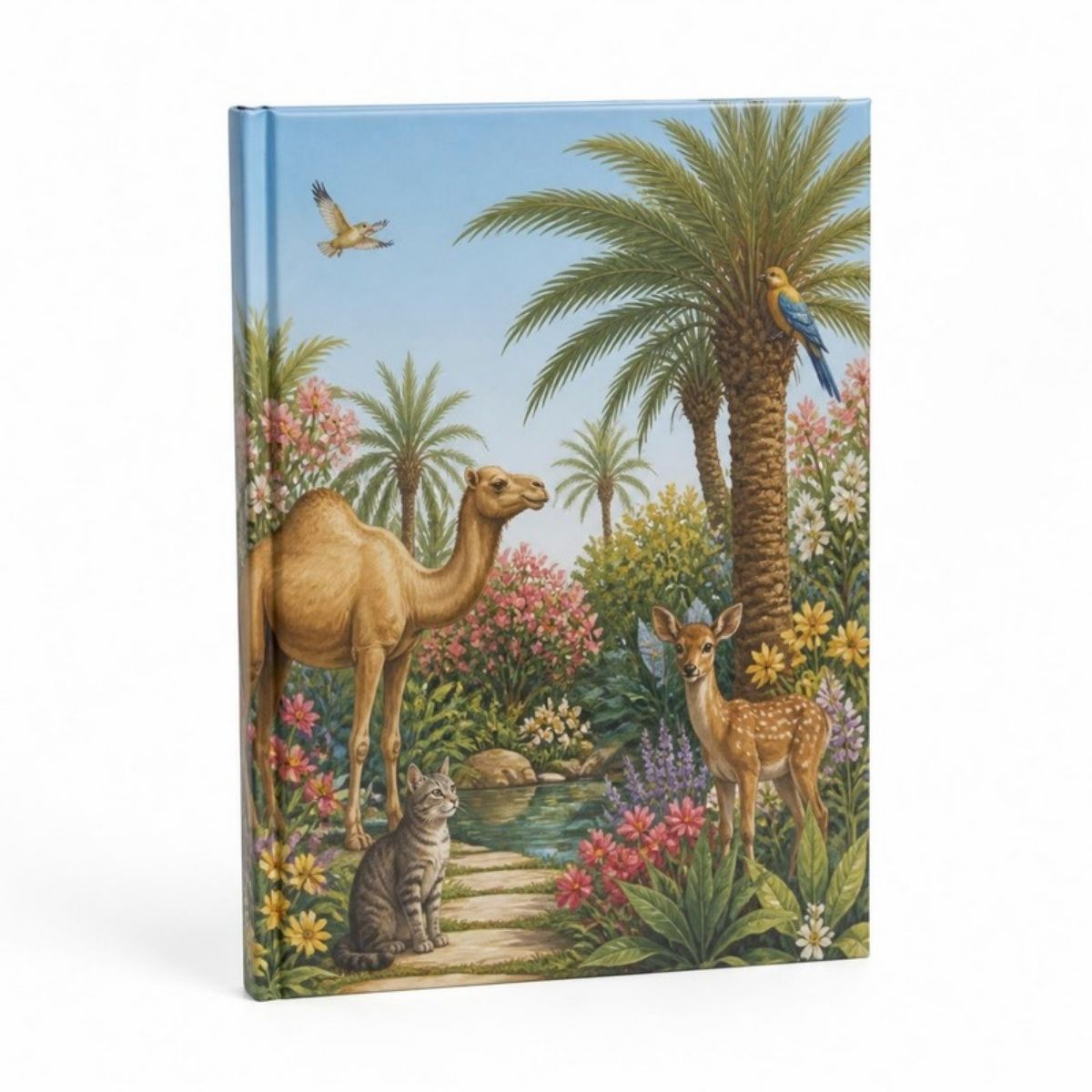 Children's picture book with palm trees, camels and a garden on the cover