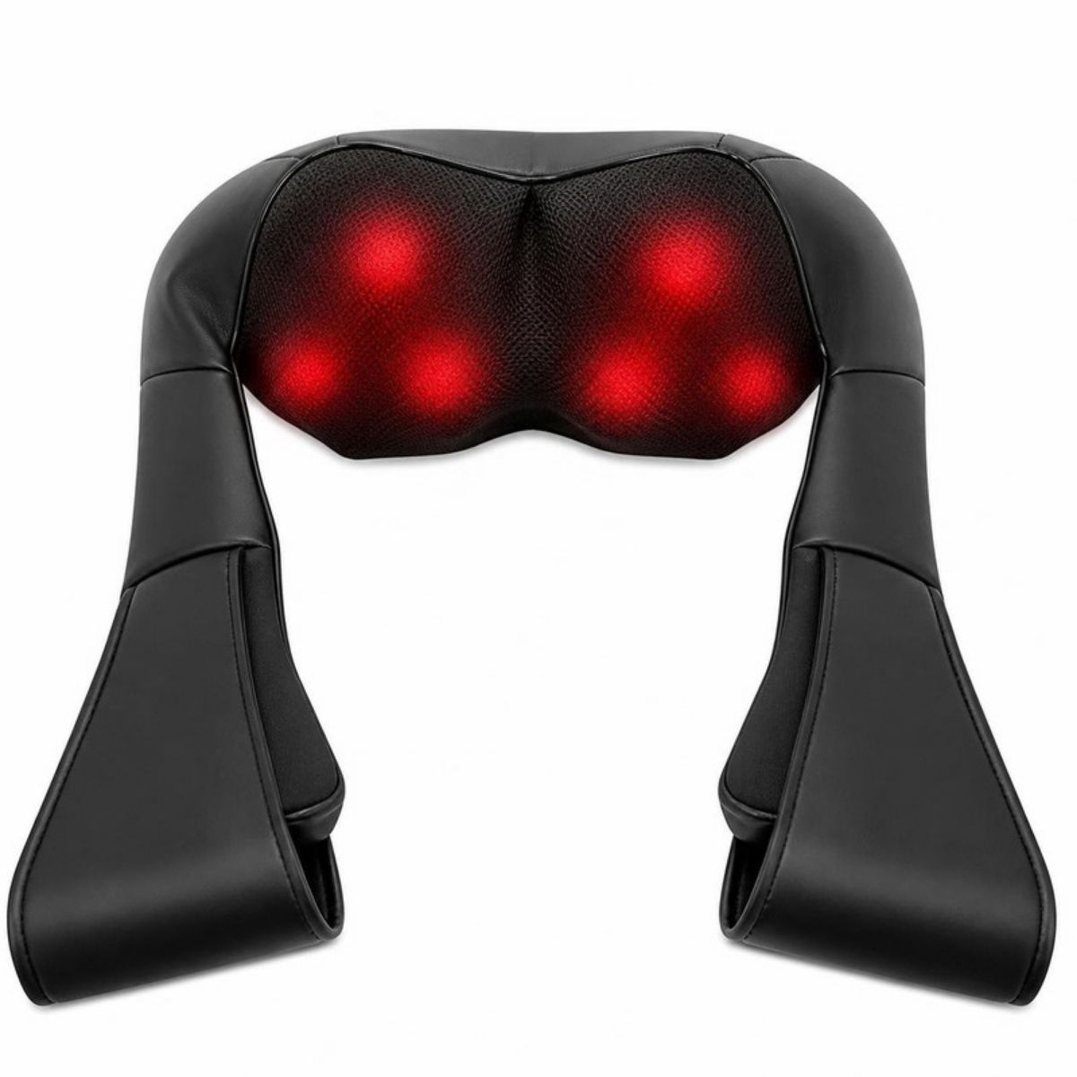 Black shiatsu neck massager with glowing red massage nodes