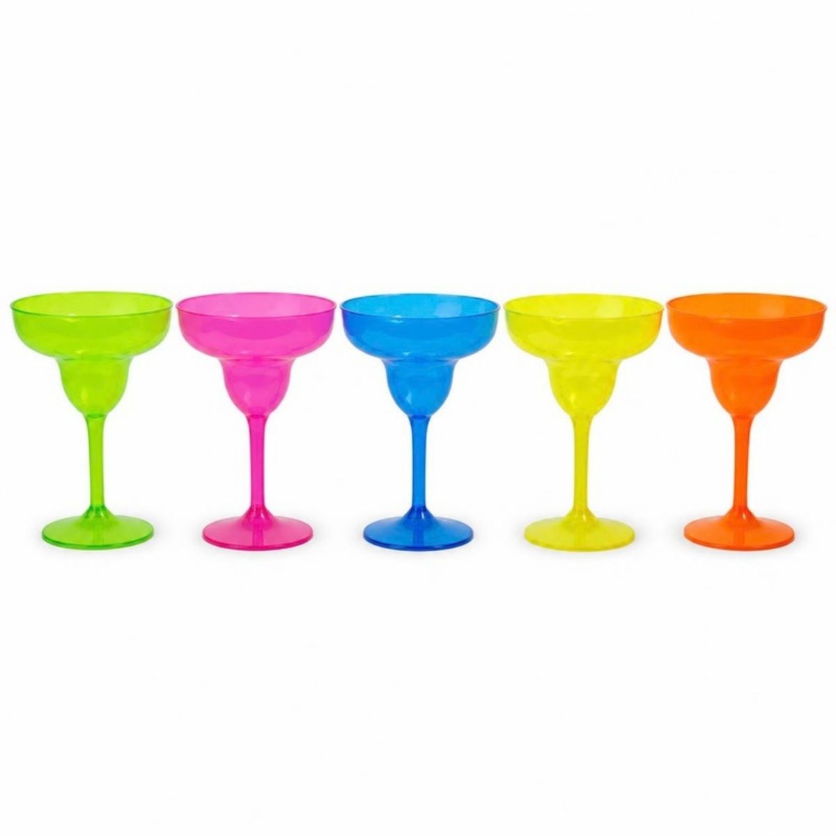Neon green, pink, blue, yellow and orange plastic margarita glasses