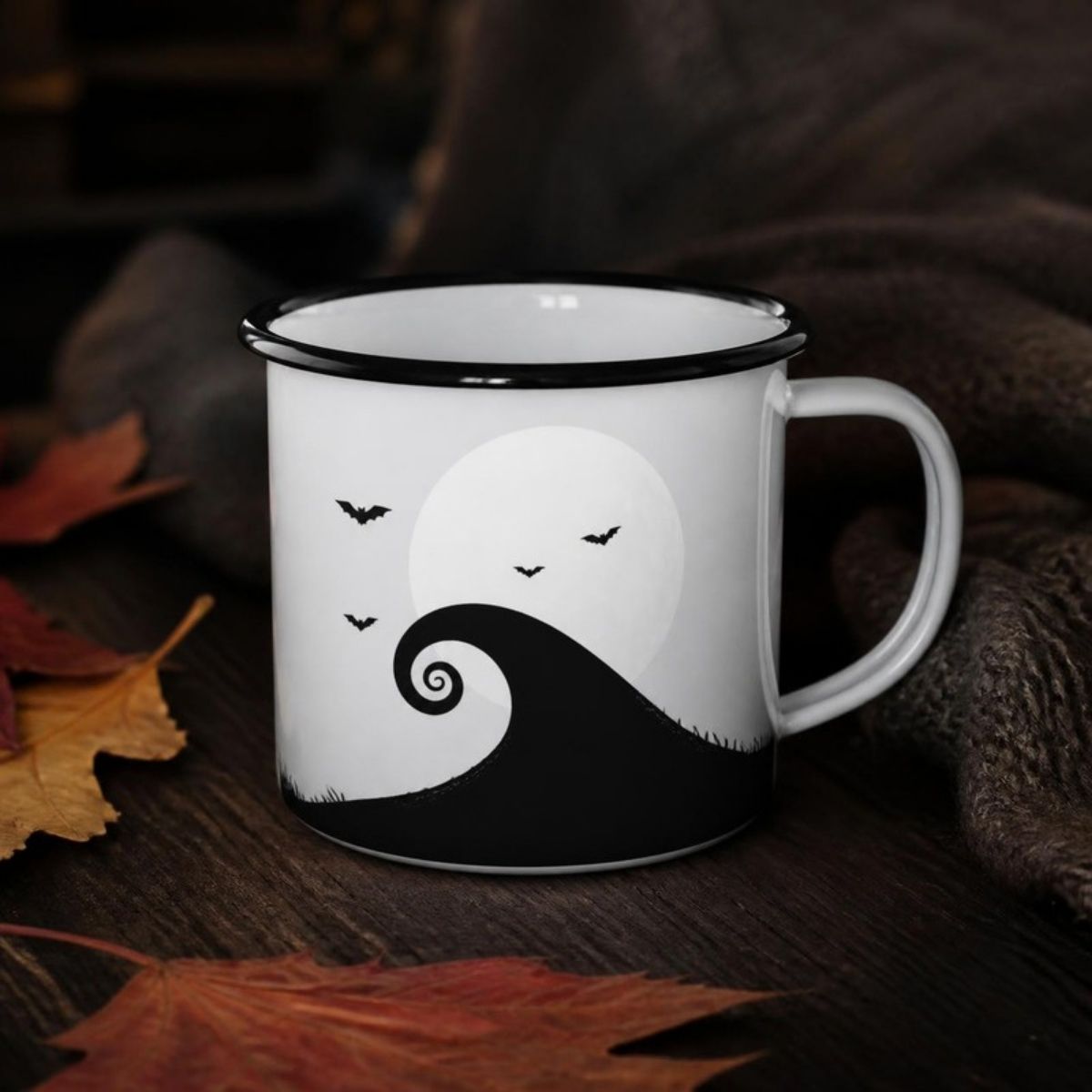White enamel camper mug with a spiral hill, full moon and bats design