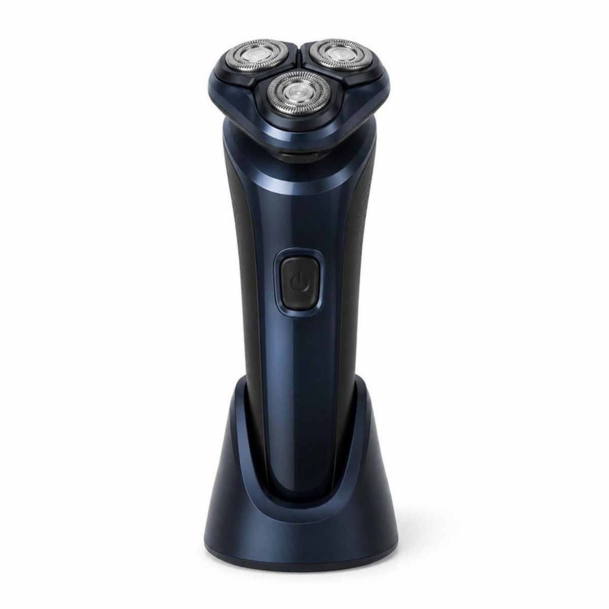 Dark blue three-head electric shaver with a stand