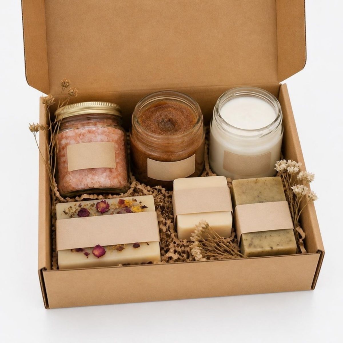 Box of natural bath salts, scrubs and soaps in jars