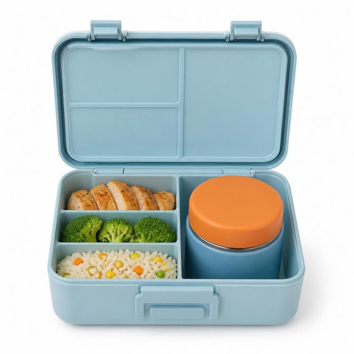 Light blue bento lunch box with an orange-lidded food jar inside