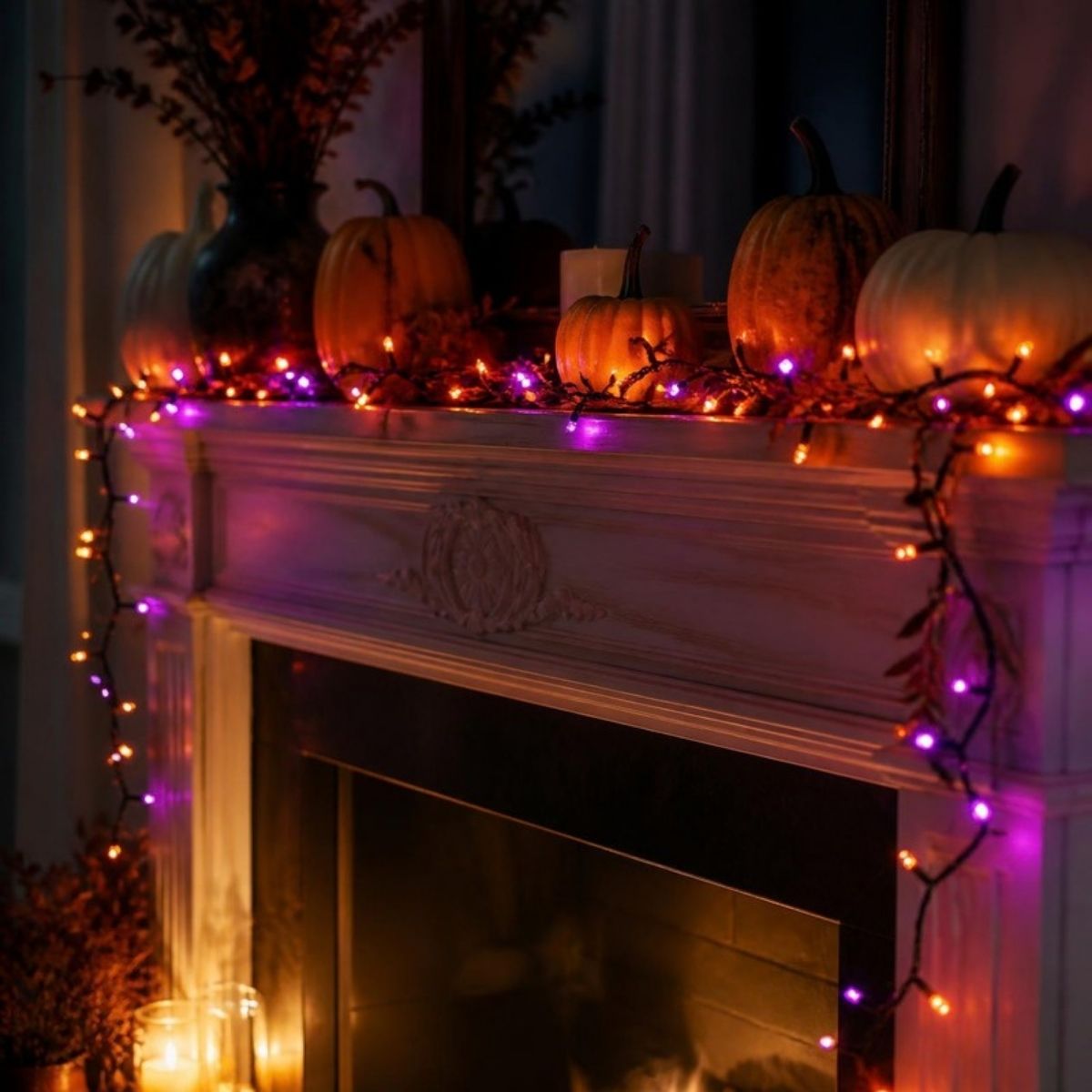 Orange and purple string lights draped on a fireplace mantel with pumpkins