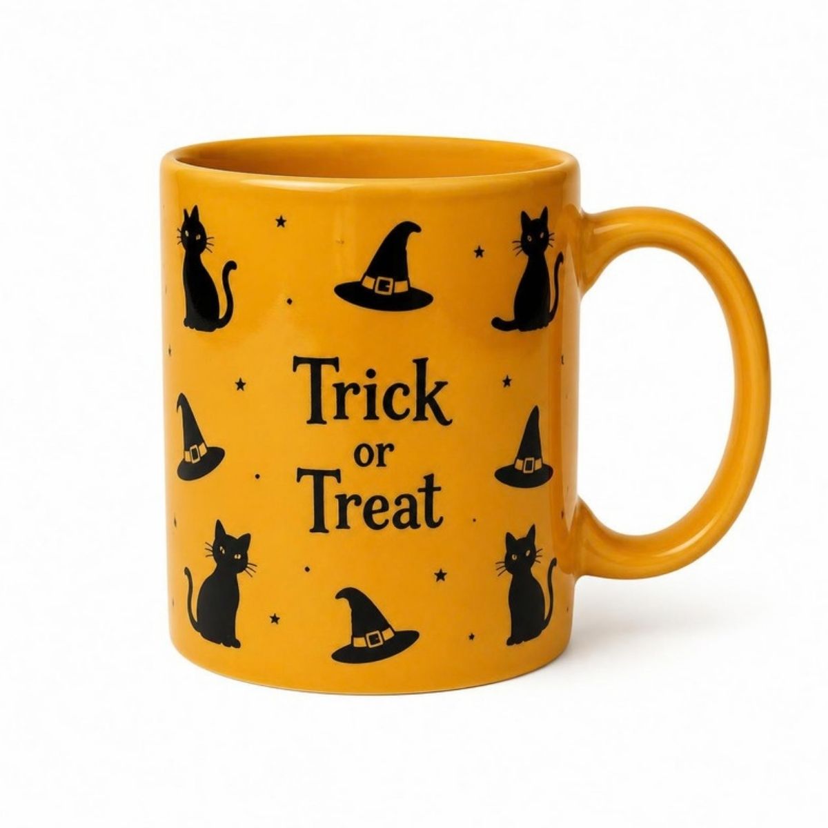 Yellow-orange mug painted with black cats, witch hats and "Trick or Treat"