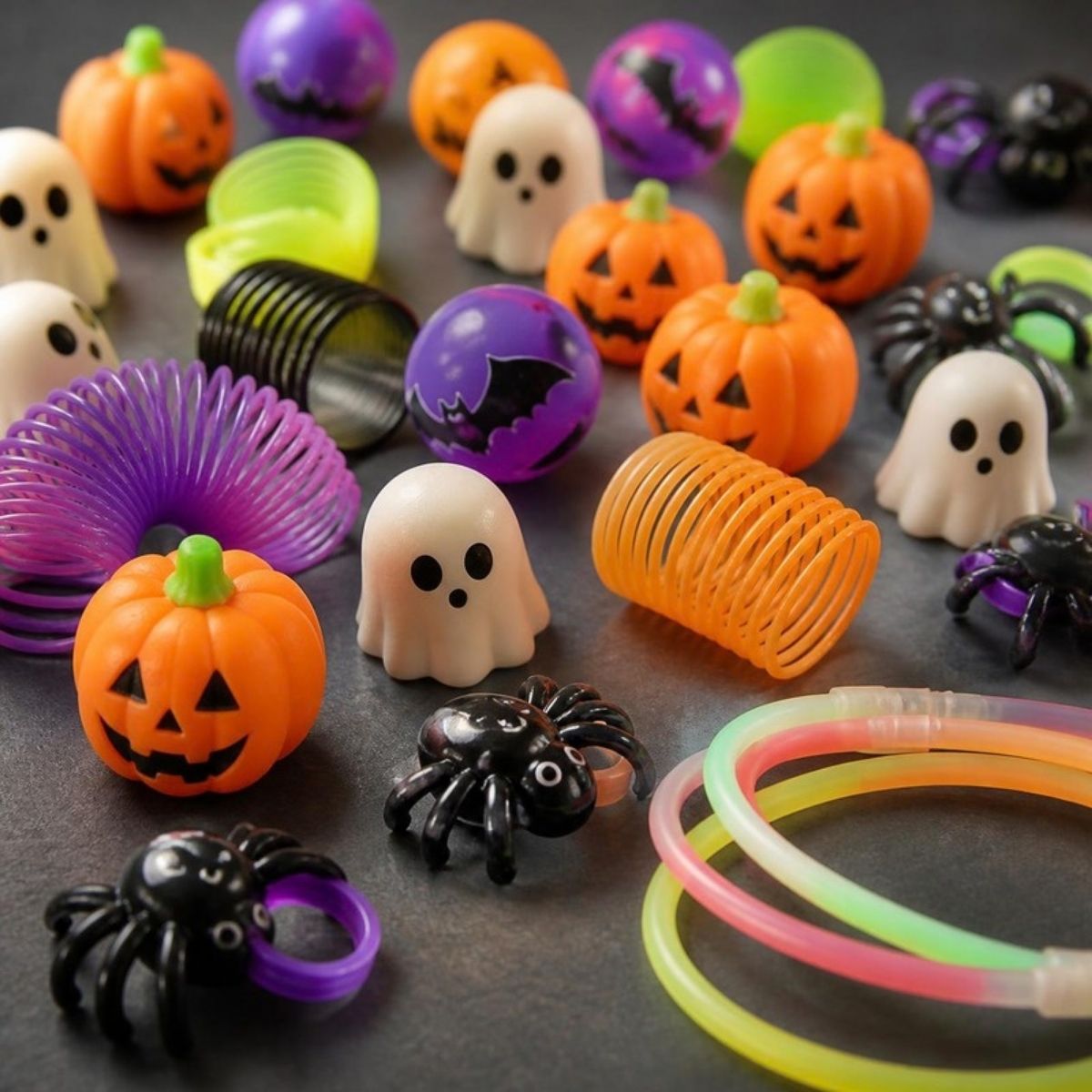 Halloween party favor toys including pumpkins, ghosts, spider rings and springs
