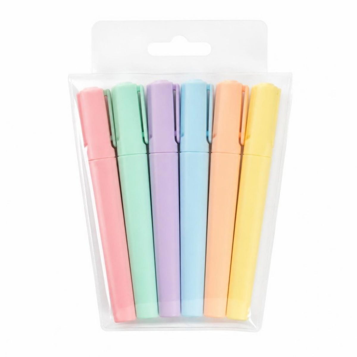 Six pastel highlighters in pink, mint, purple, blue, peach and yellow