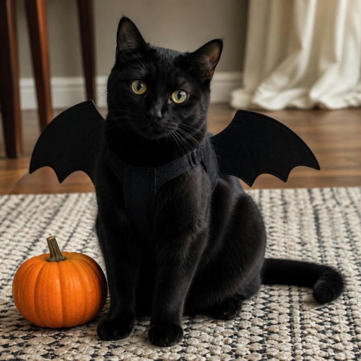 Black cat wearing bat wings next to a small pumpkin