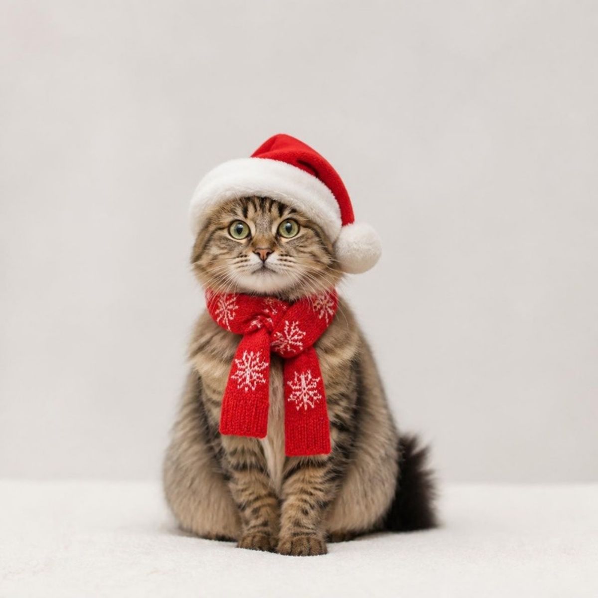 Tabby cat wearing a Santa hat and red snowflake scarf