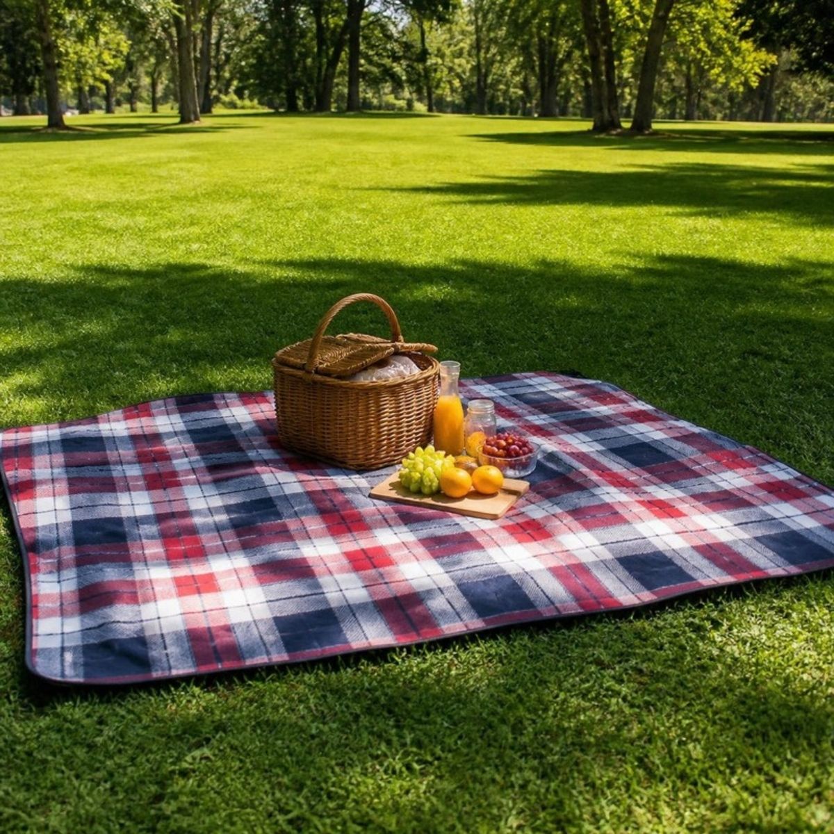 Large red and navy plaid picnic blanket on the grass with a picnic basket