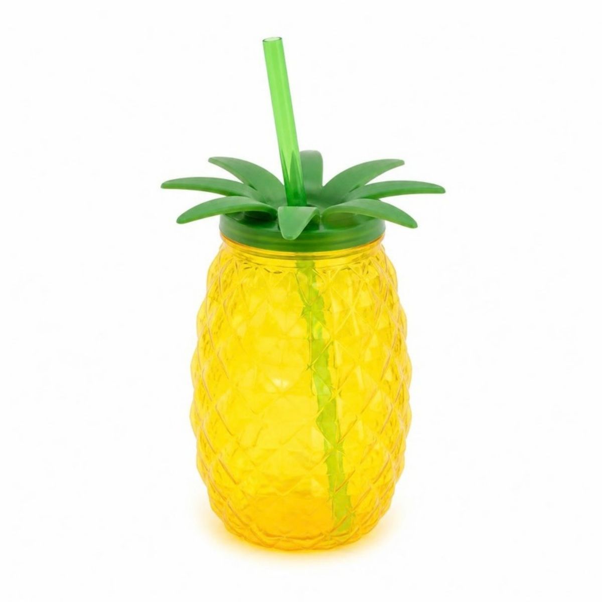 Small yellow pineapple shaped tumbler with a green lid and straw