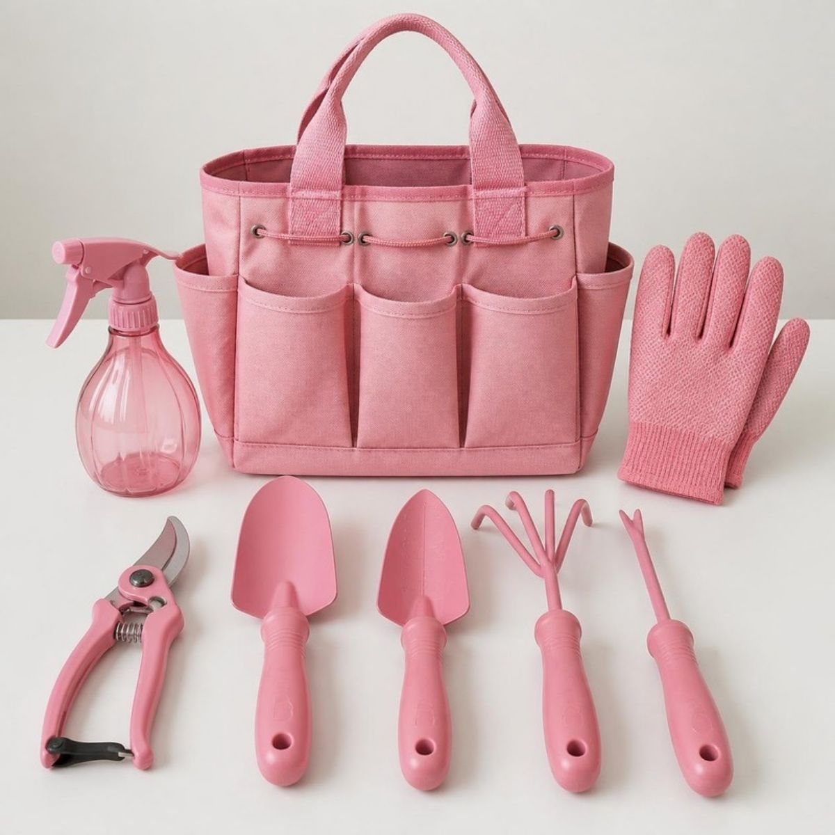 Pink garden bag with pruners, trowels and gloves