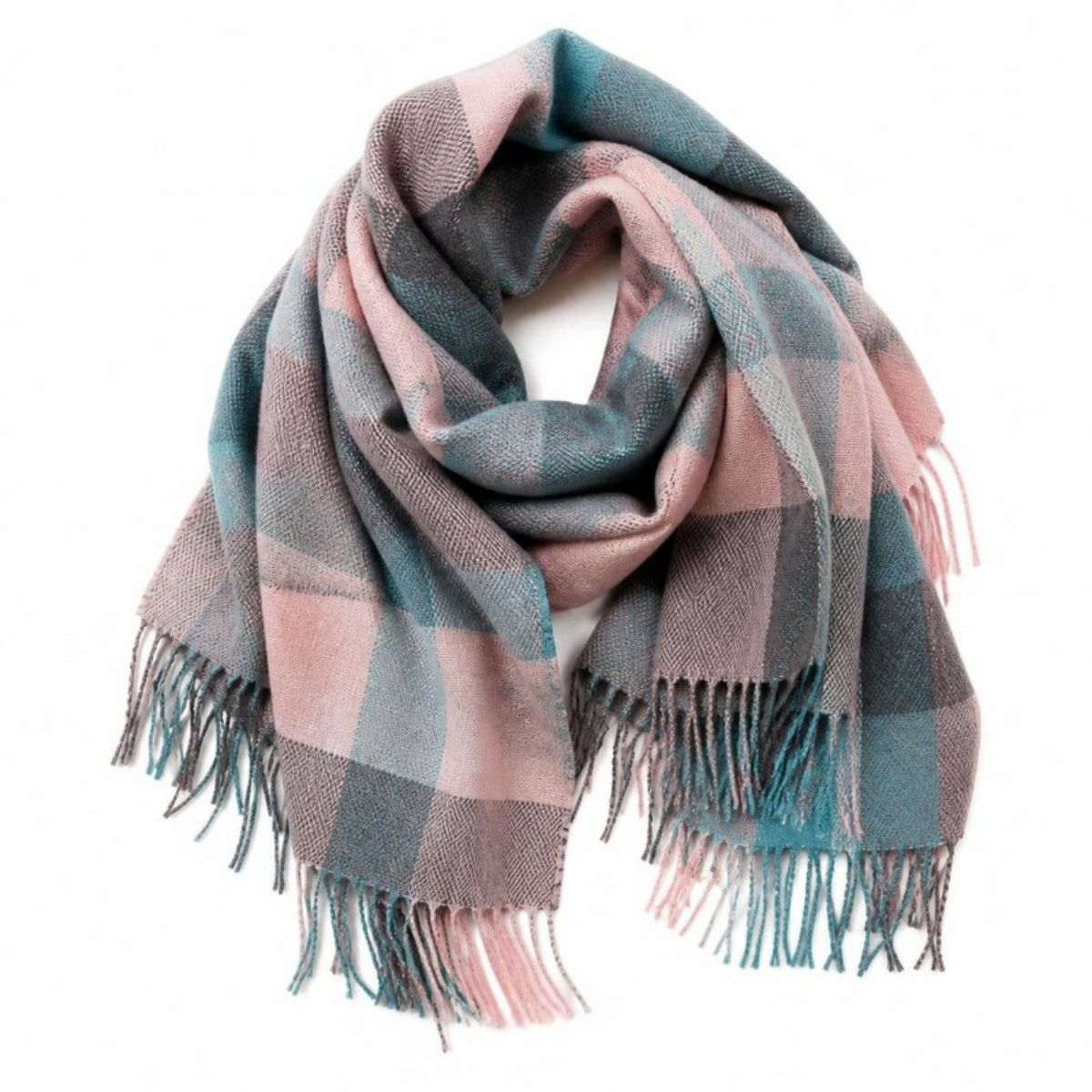 Soft pink, teal and gray plaid scarf with fringe