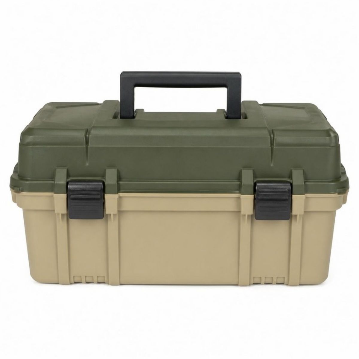 Green and tan tackle box with a carry handle