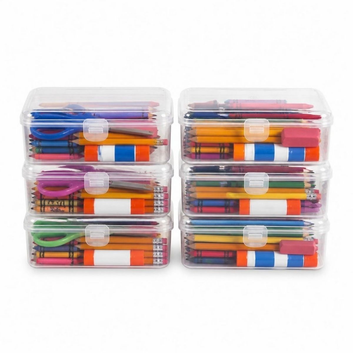 Six clear plastic pencil boxes filled with pencils, crayons, scissors and glue sticks