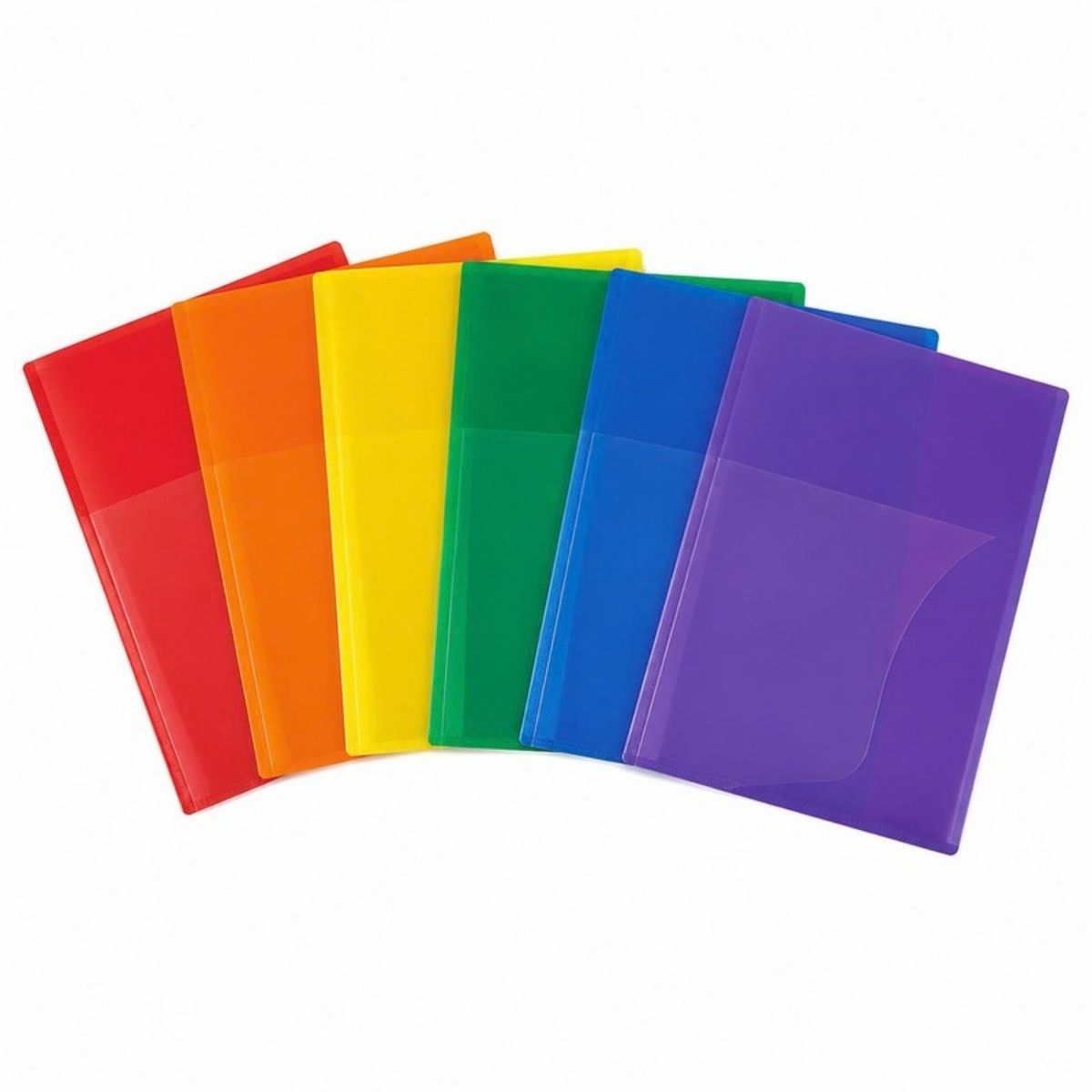 Six plastic pocket folders in red, orange, yellow, green, blue and purple