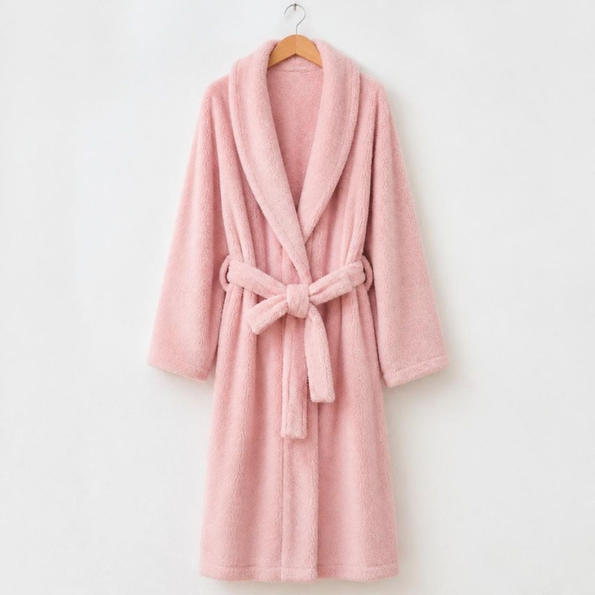 Soft pink long plush robe with a belt