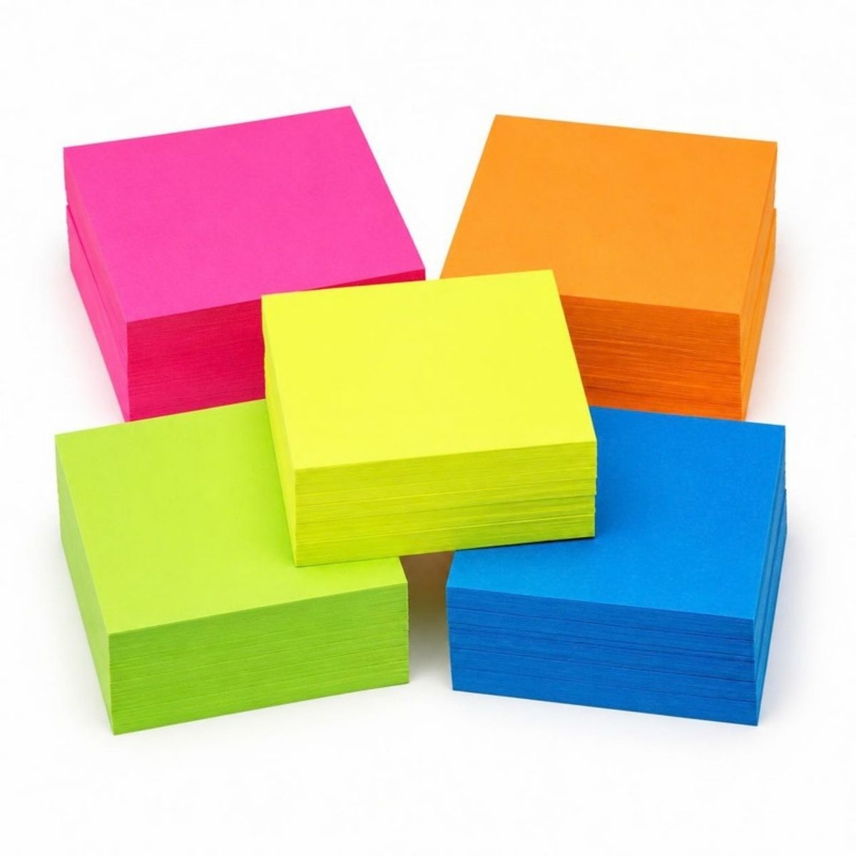 Stacks of square sticky notes in neon pink, orange, yellow, green and blue