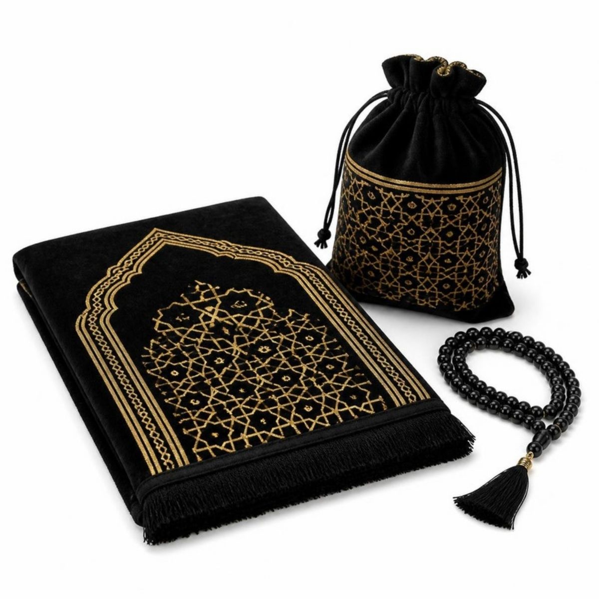 Black prayer rug with a gold pattern, prayer beads and a matching bag