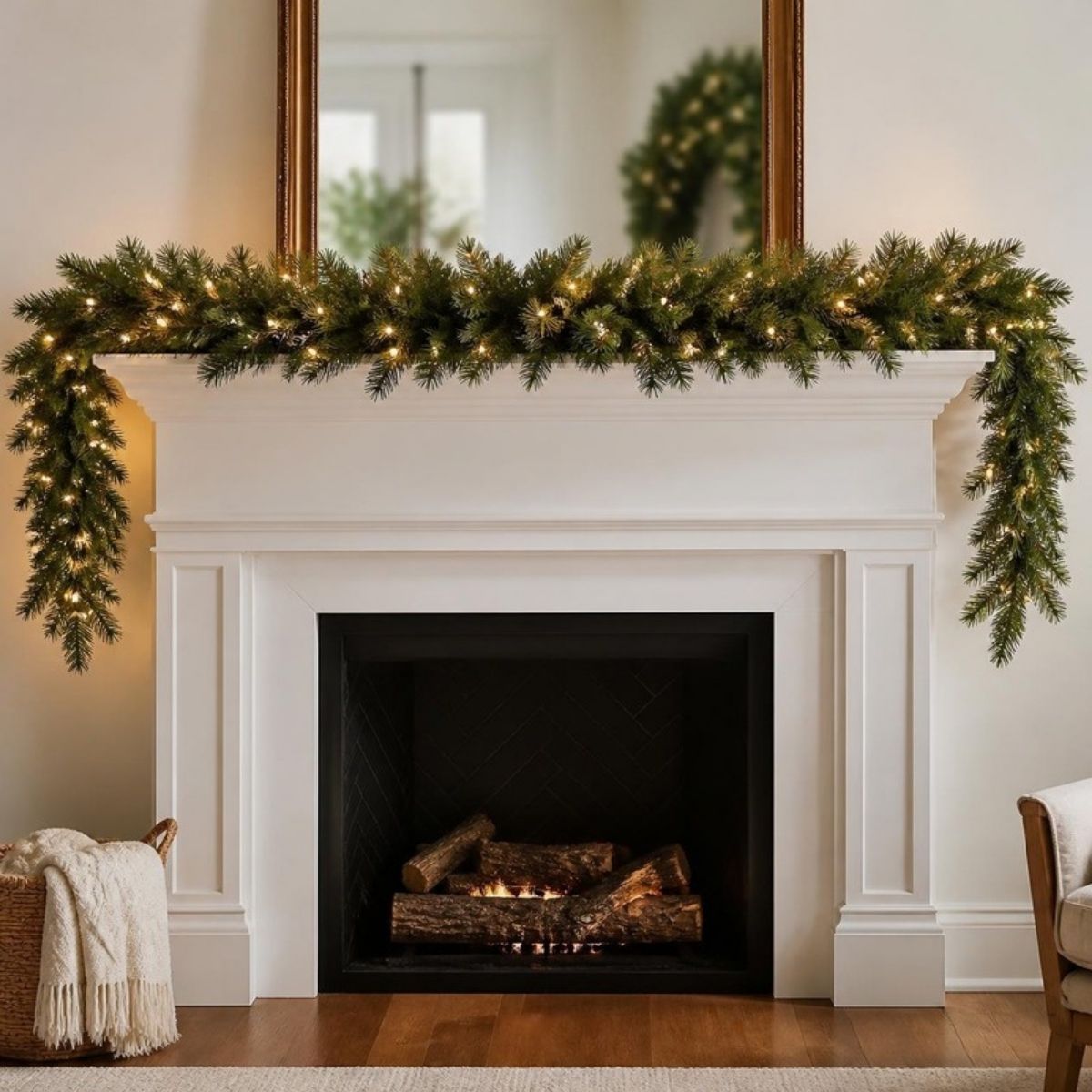 Long green spruce garland with small white lights