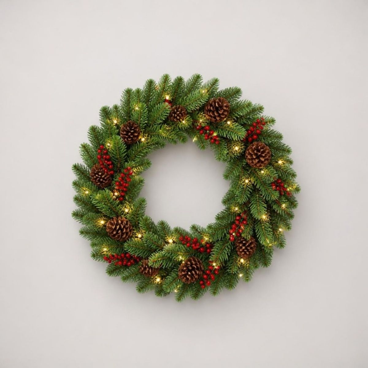 Lit green spruce wreath decorated with pinecones and red berries