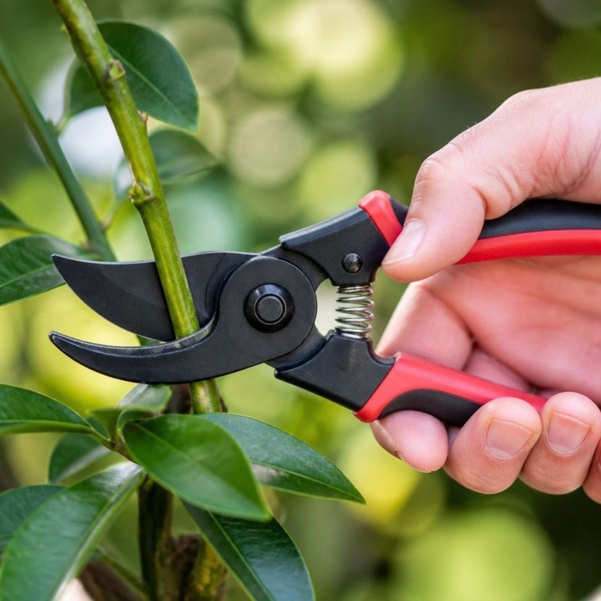 Hand using black and red pruning shears to cut a stem