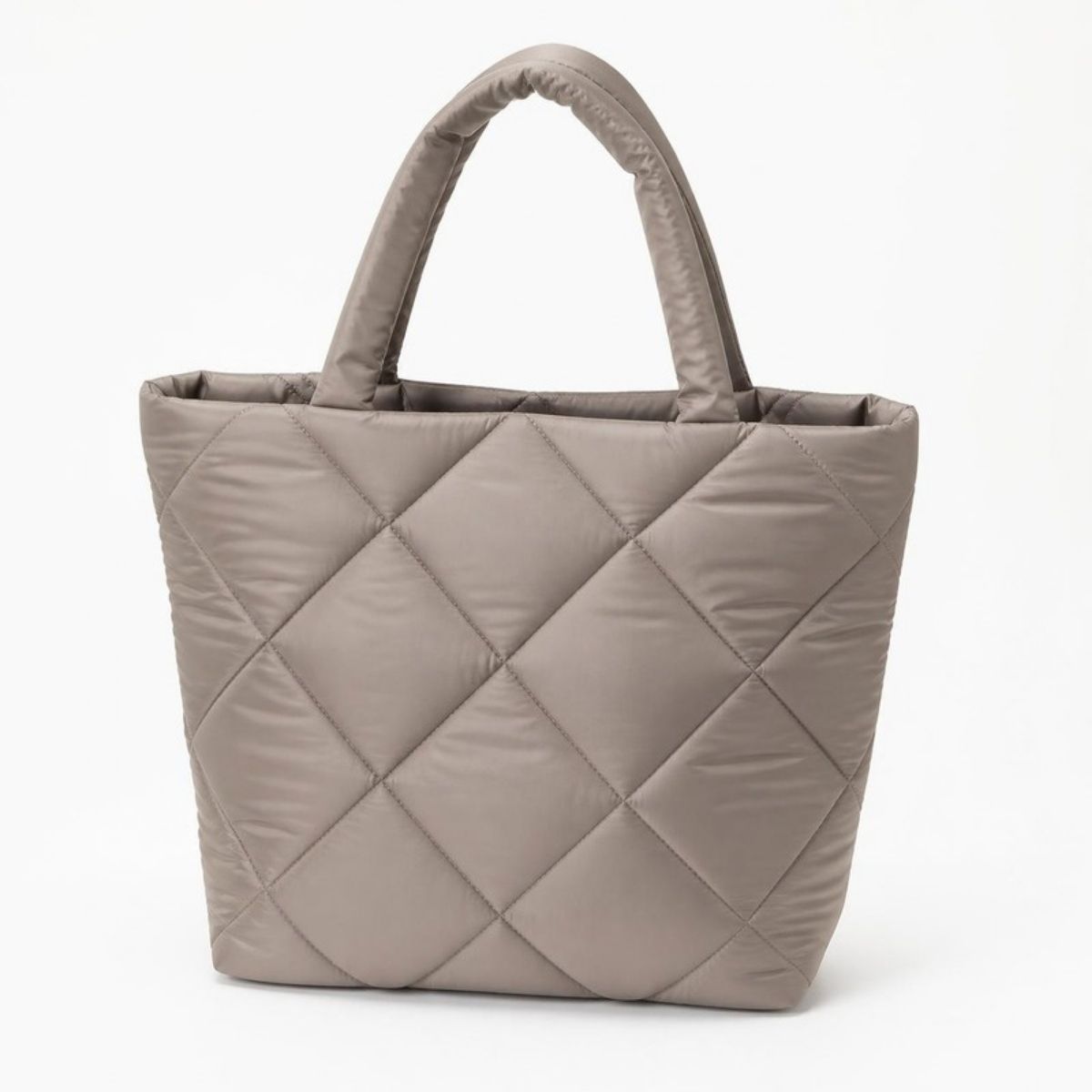 Taupe quilted puffy tote bag with two handles