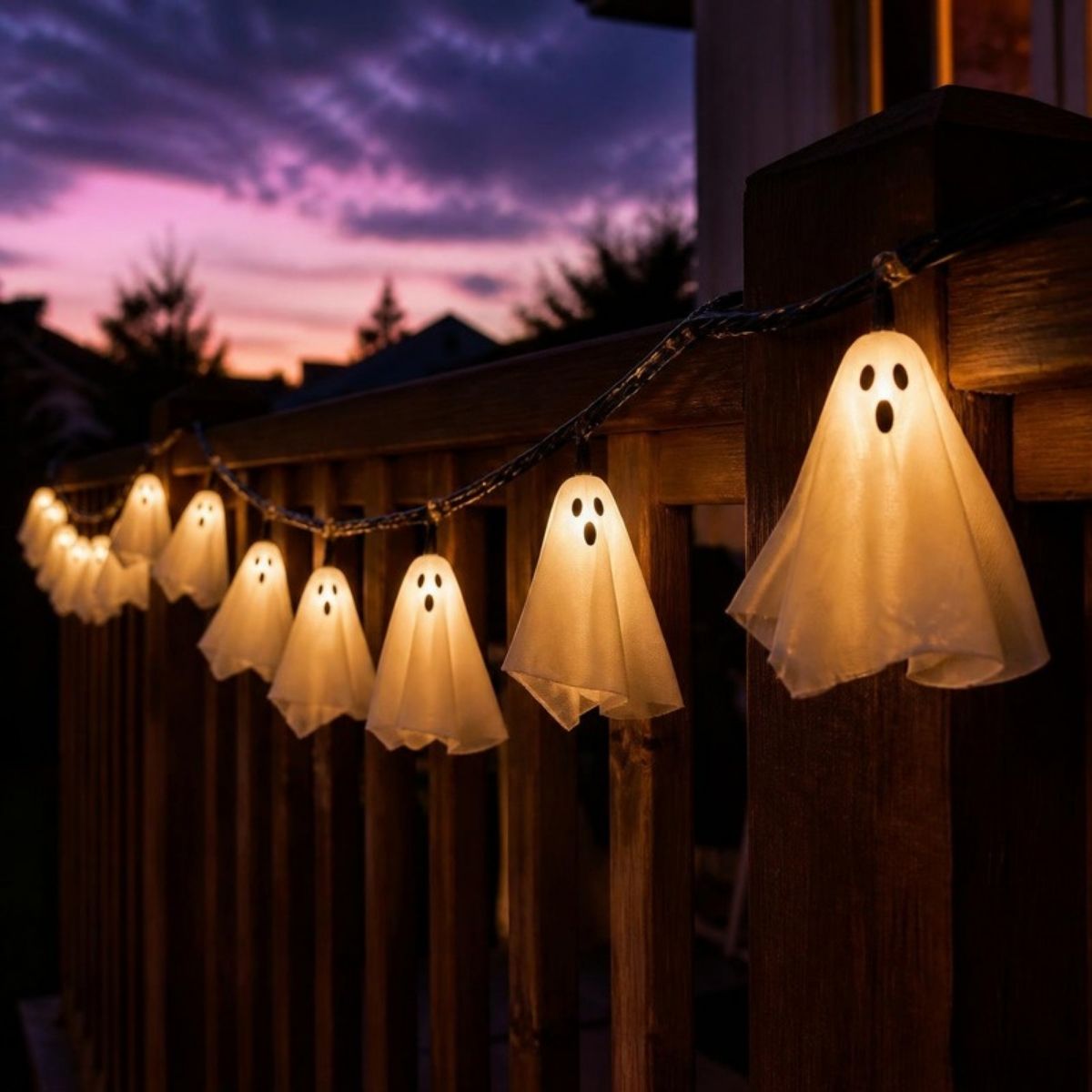 Glowing ghost string lights hanging on a porch railing