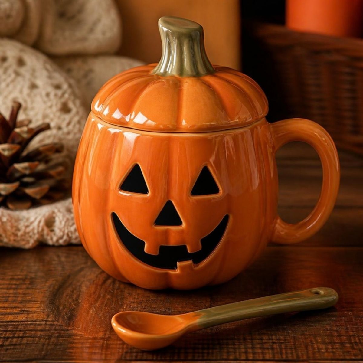 Ceramic jack o' lantern mug with a pumpkin lid and spoon