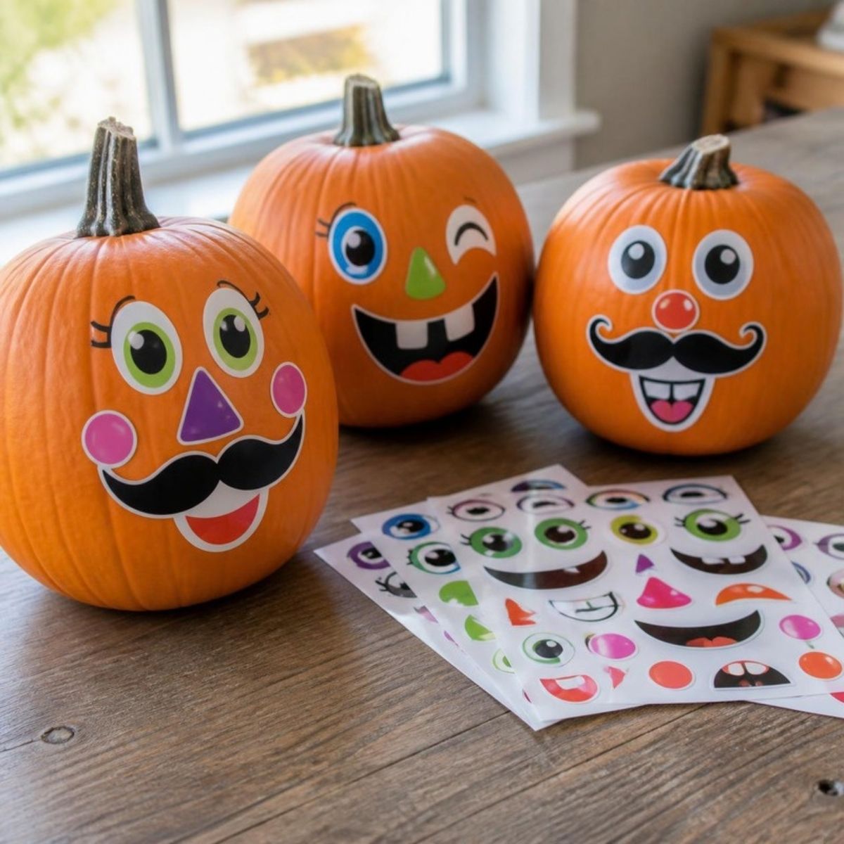Three pumpkins decorated with funny face stickers next to sticker sheets
