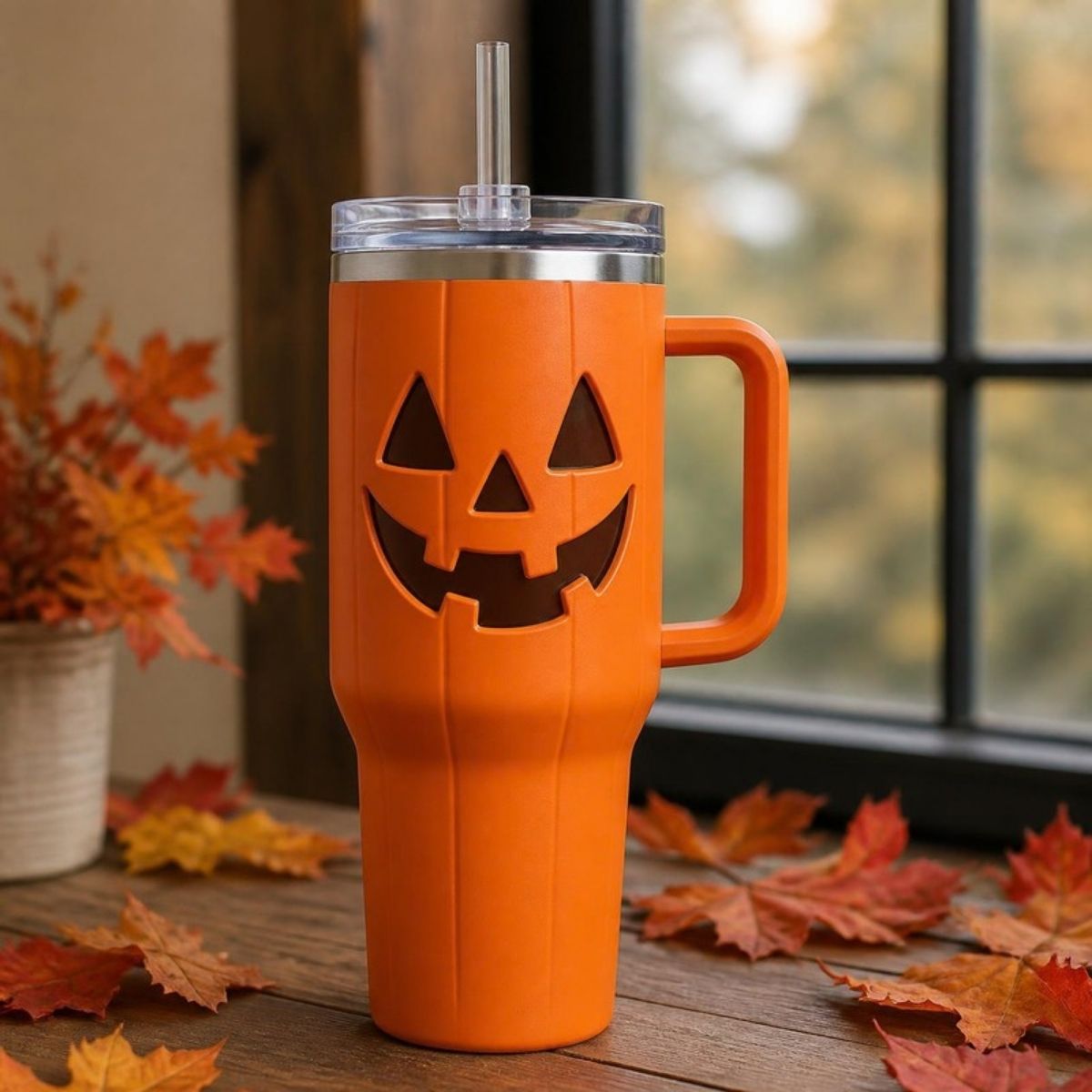 Orange jack o' lantern tumbler with handle and straw