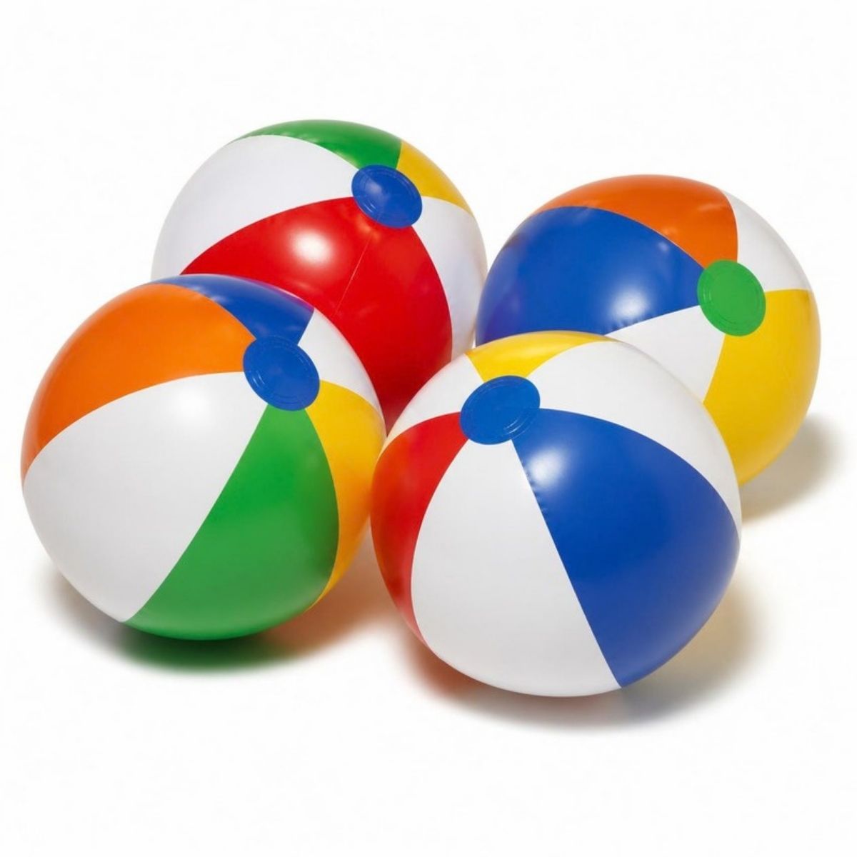 Four inflatable beach balls with red, blue, yellow, green, orange and white panels