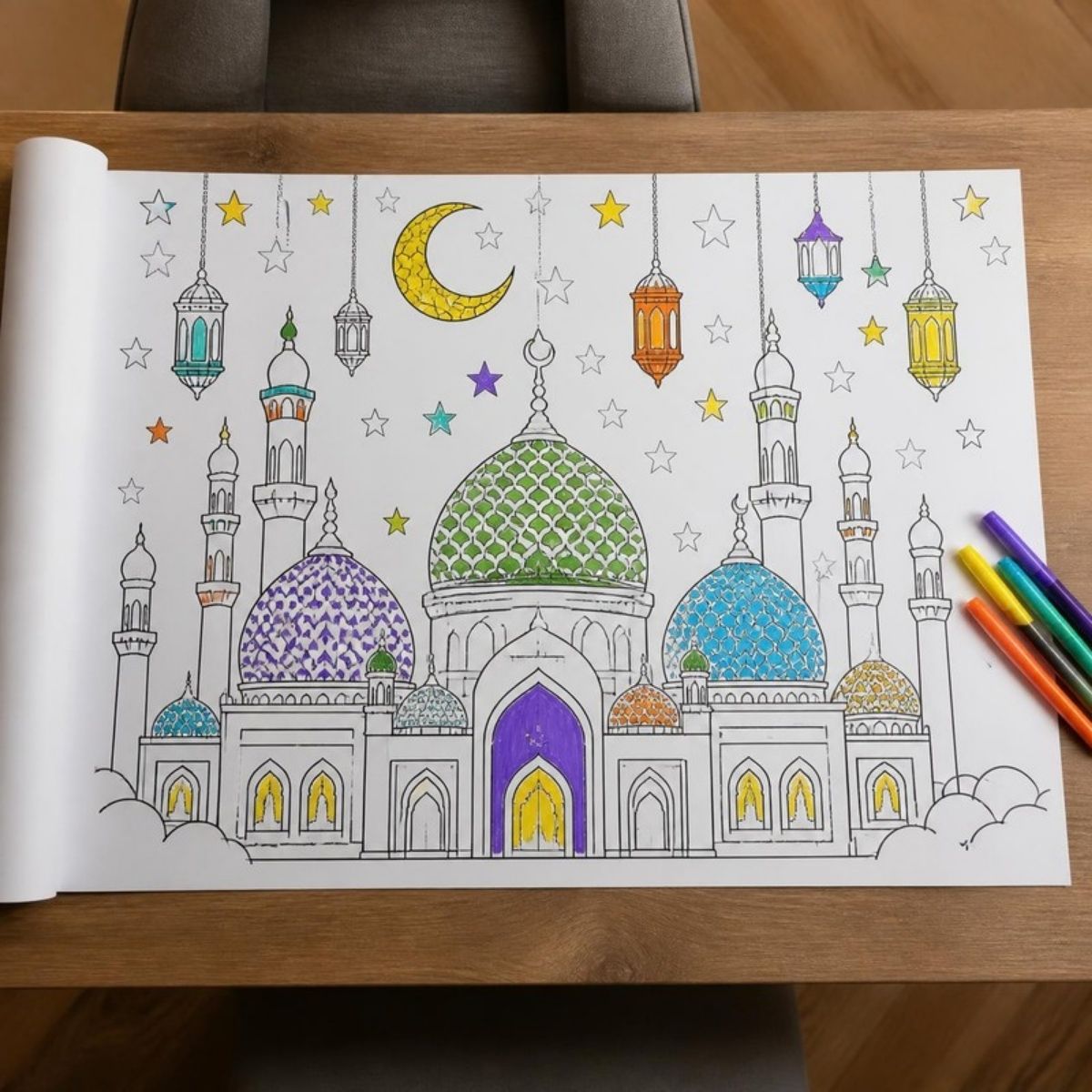 Large coloring poster with mosques, lanterns and a crescent moon