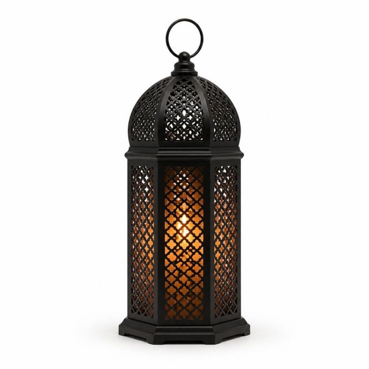 Black metal Moroccan lantern with an amber glow inside