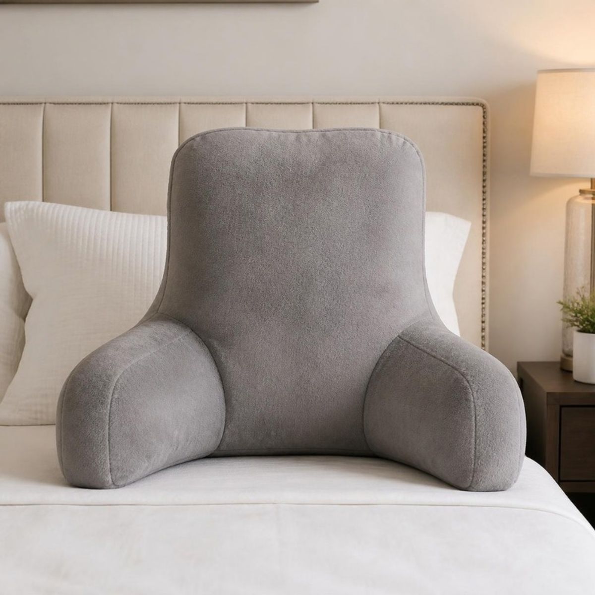 Gray backrest reading pillow with armrests