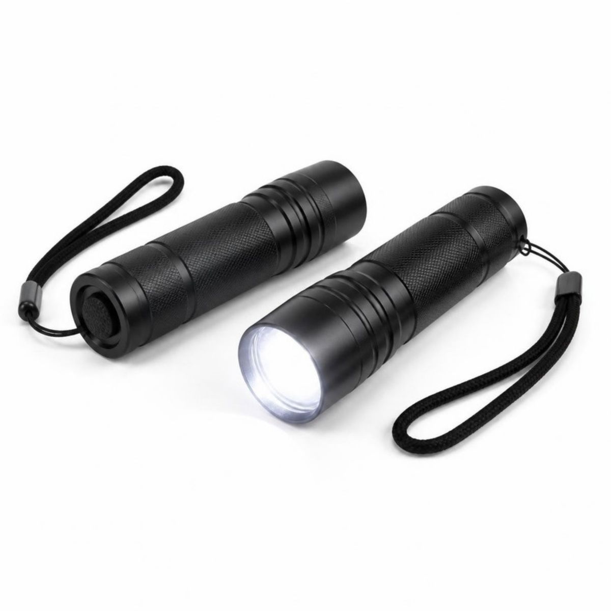 Two black LED flashlights with wrist straps