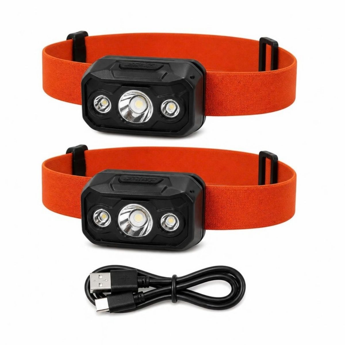 Two black LED headlamps with orange straps and a charging cable