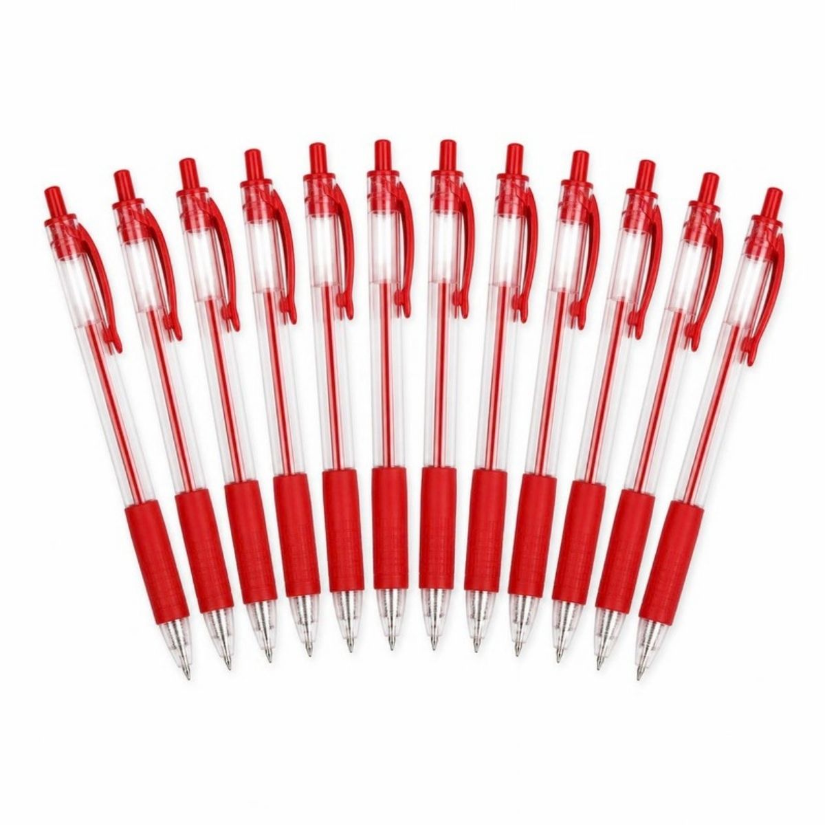Red retractable gel pens with clear barrels and red grips