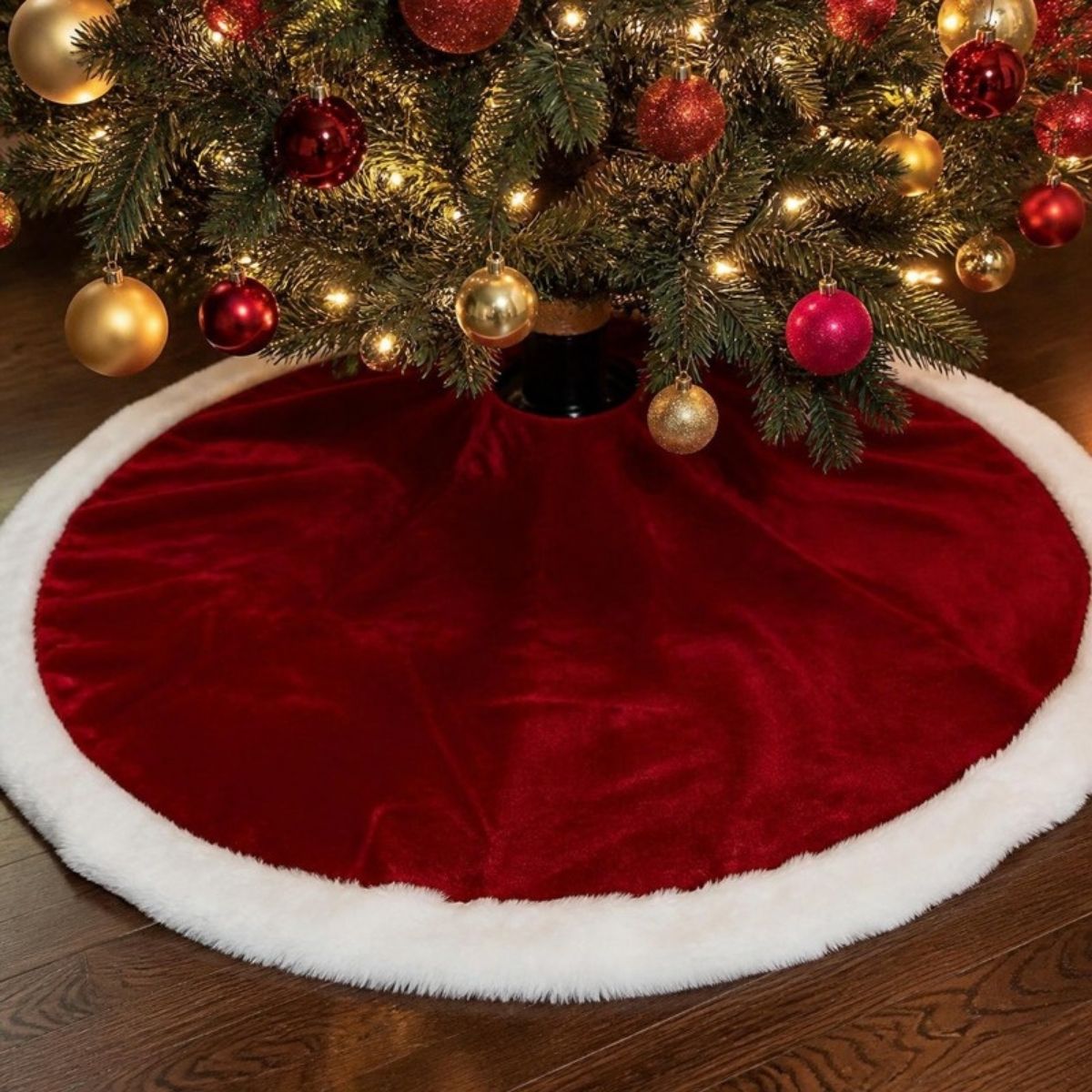 Red velvet tree skirt with white fur trim