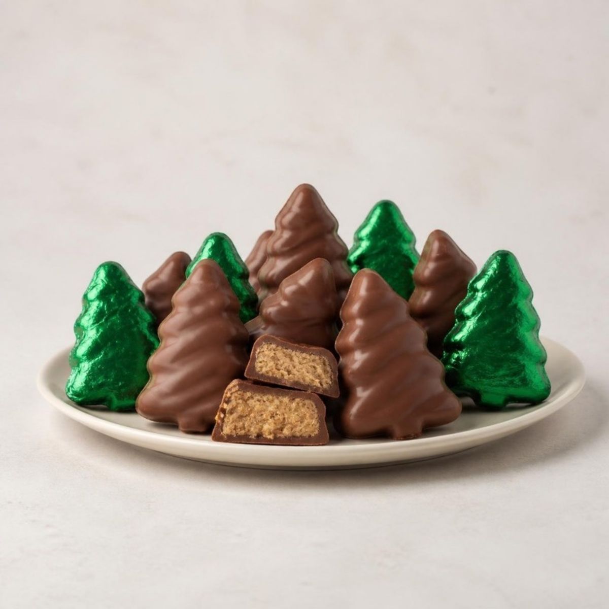 Chocolate peanut butter Christmas tree candies, some in green foil, on a plate