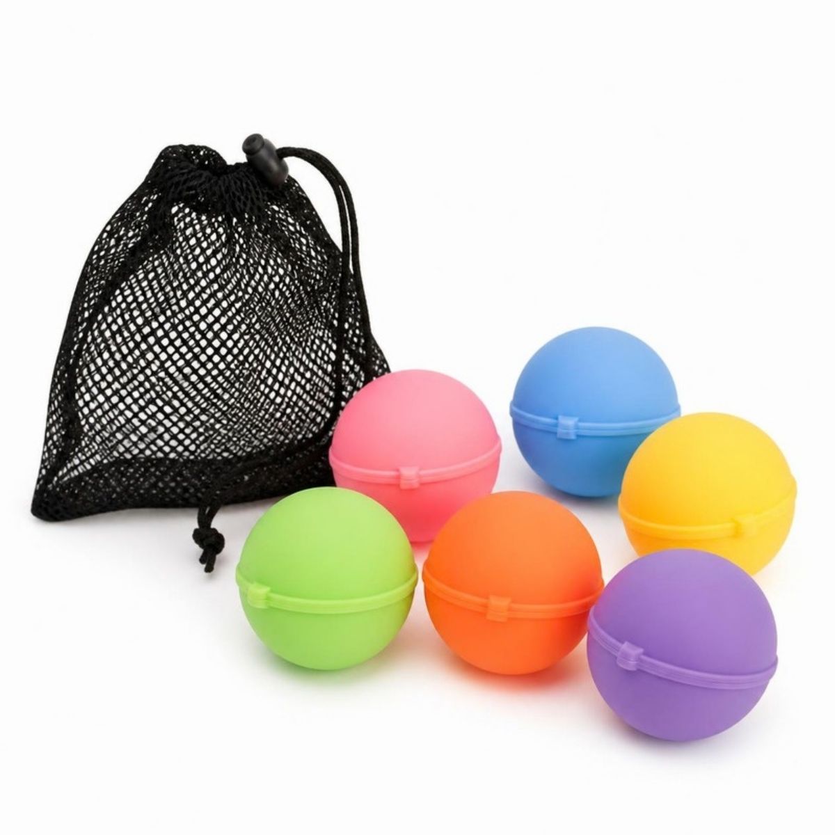 Six round snap-shut silicone water balloons in pink, blue, yellow, green, orange and purple with a black mesh bag
