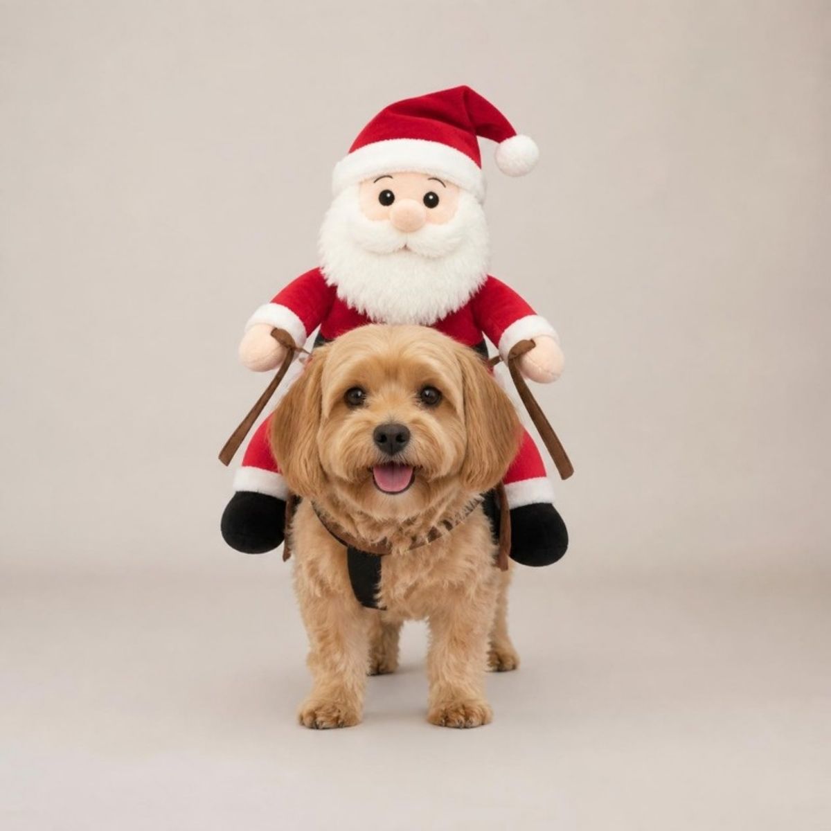 Fluffy dog wearing a costume with a plush Santa riding on its back