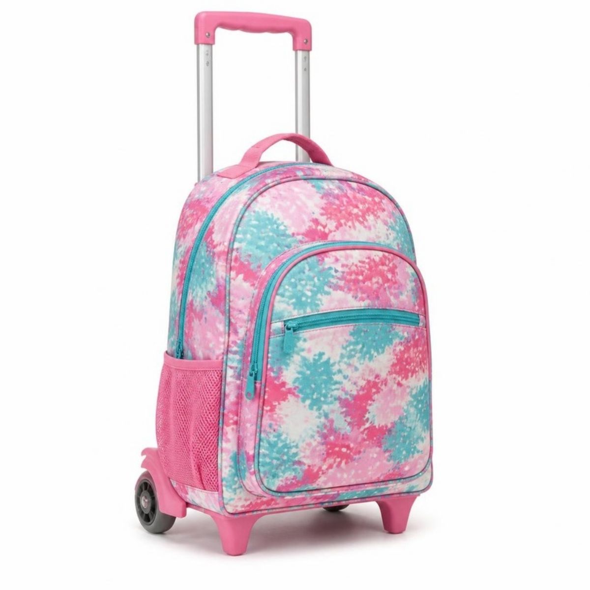 Pink and teal patterned rolling backpack with wheels and a pull handle