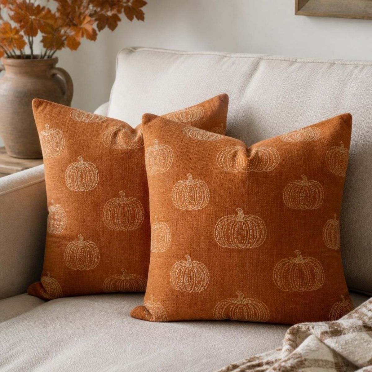 Two rust orange pillow covers with a pumpkin pattern
