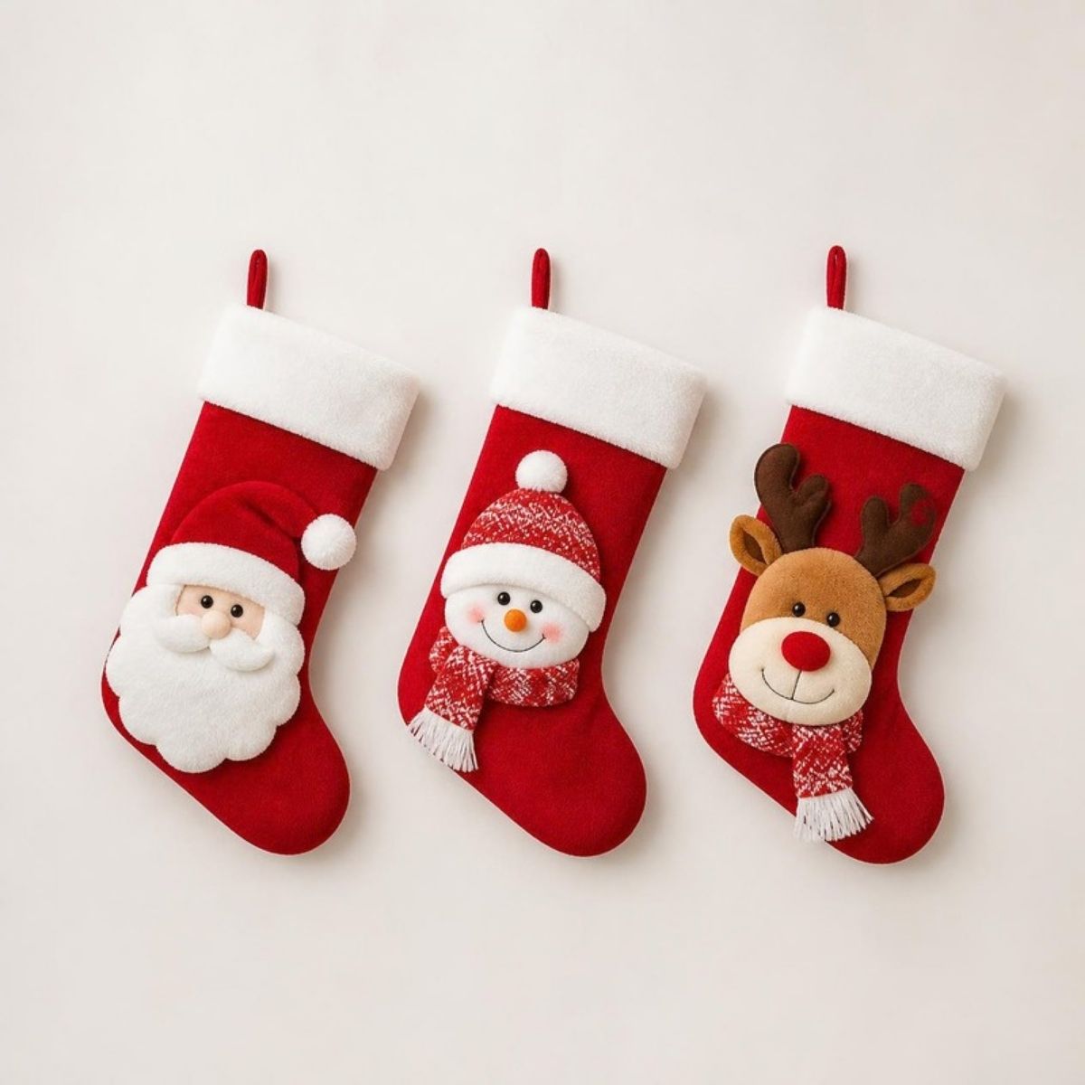 Three red Christmas stockings with Santa, snowman and reindeer faces