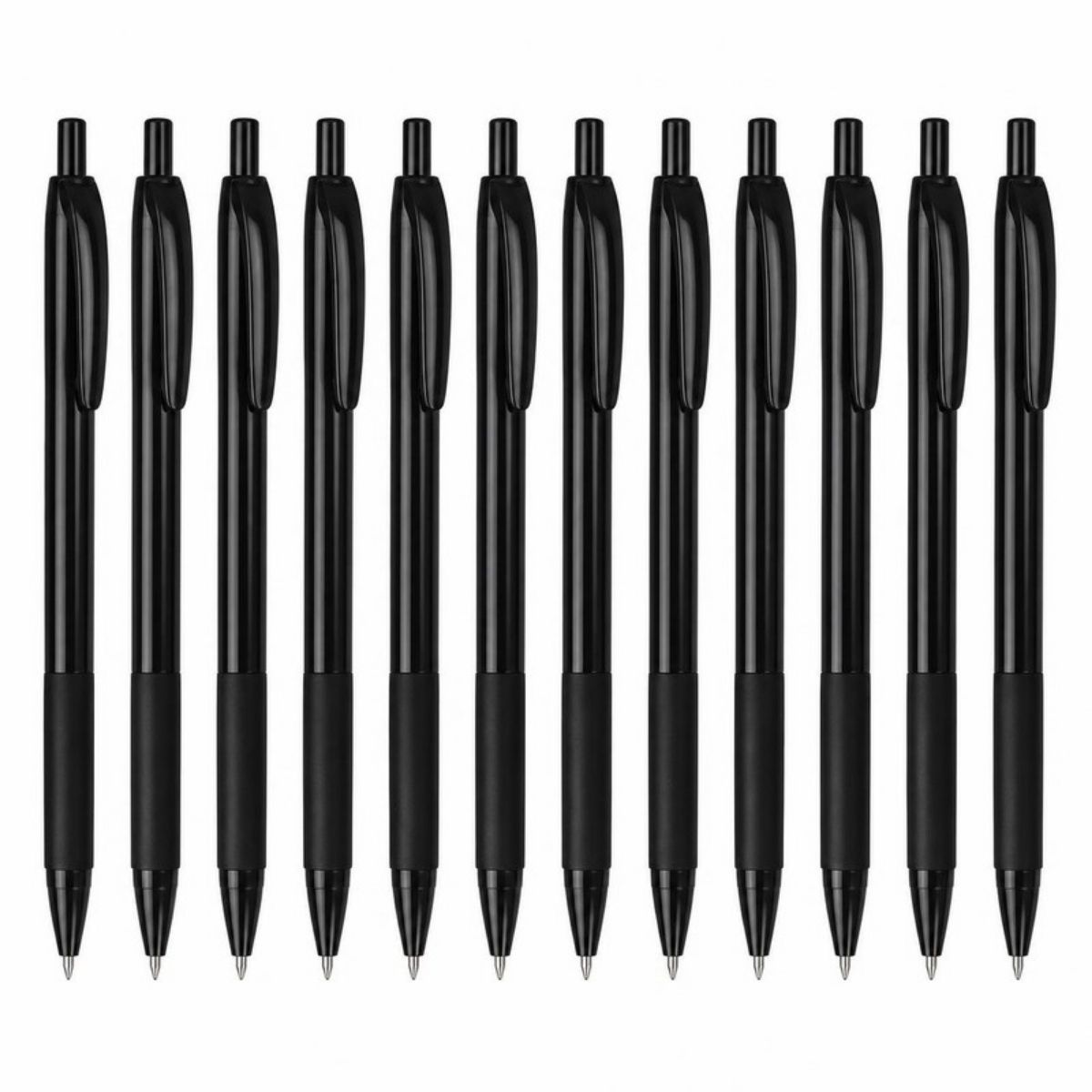 Twelve black retractable gel pens with clips