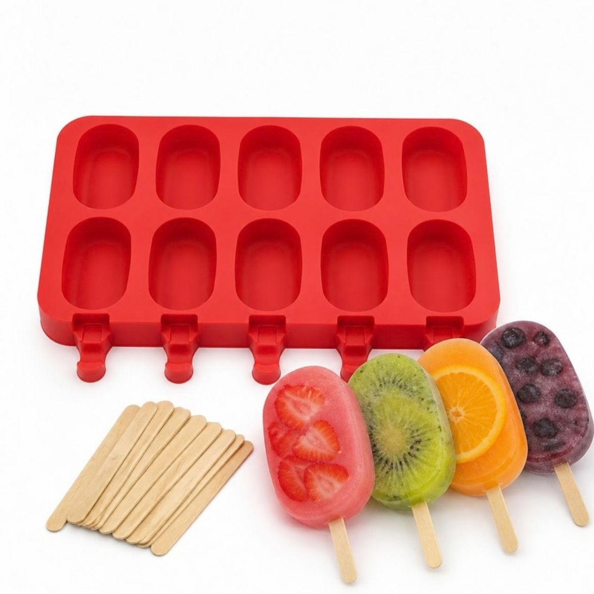 Red 10-cavity silicone popsicle mold with wooden sticks and fruit ice pops