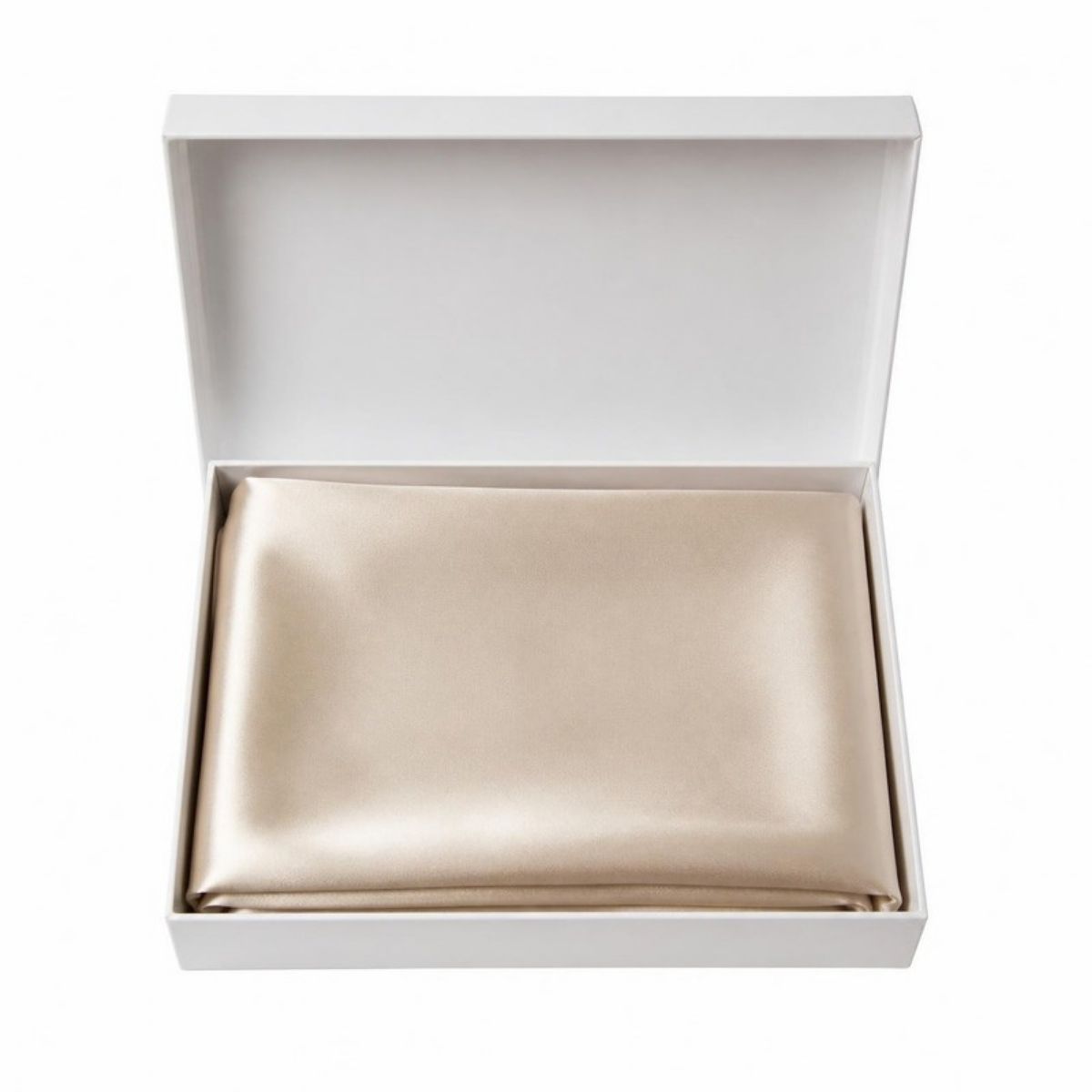 Champagne silk pillowcase in a white gift box